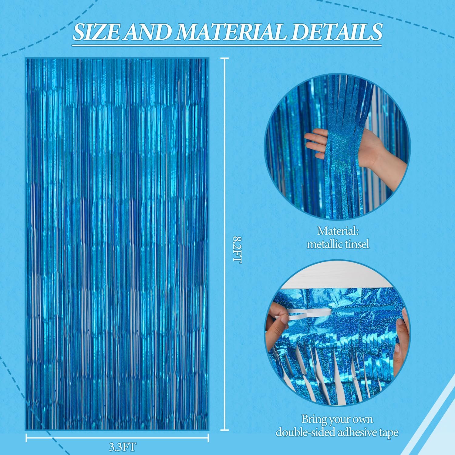 3 Pack Foil Fringe Backdrop - Laser Blue Shiny Tinsel Curtains for Party Decoration/Photo Booth