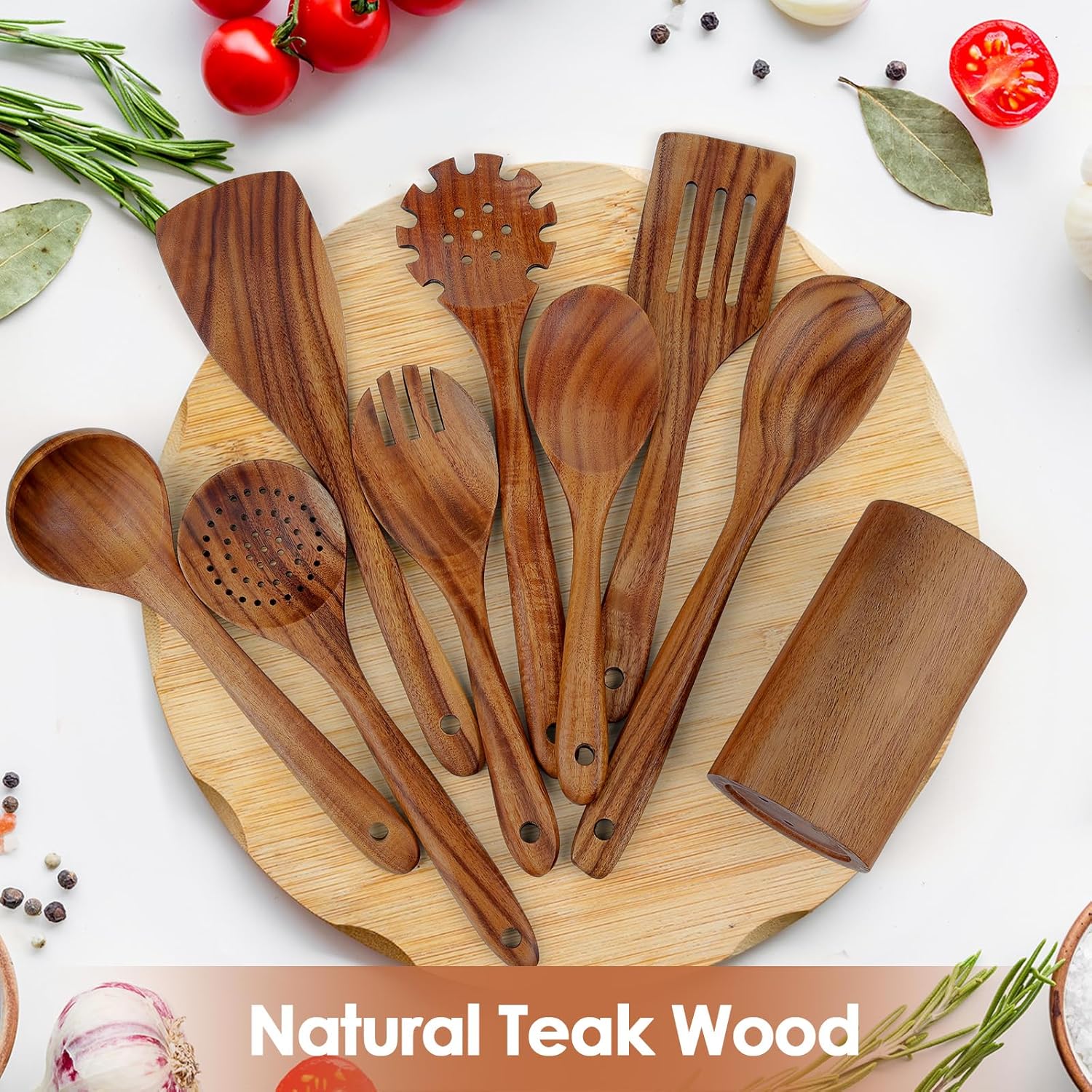 comfoyar Teak Wooden Spoons for Cooking, 9 Pieces Kitchen Cooking Utenails Set with Holder and