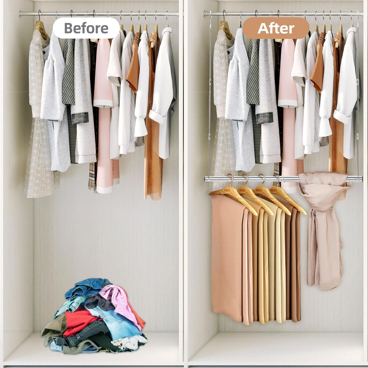 STORAGE MANIAC Hanging Closet Rod, Adjustable Width and Height Closet Hanging Organizer
