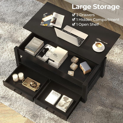 Rolanstar Coffee Table, Lift Top Coffee Table with Drawers and Hidden Compartment, Retro Central