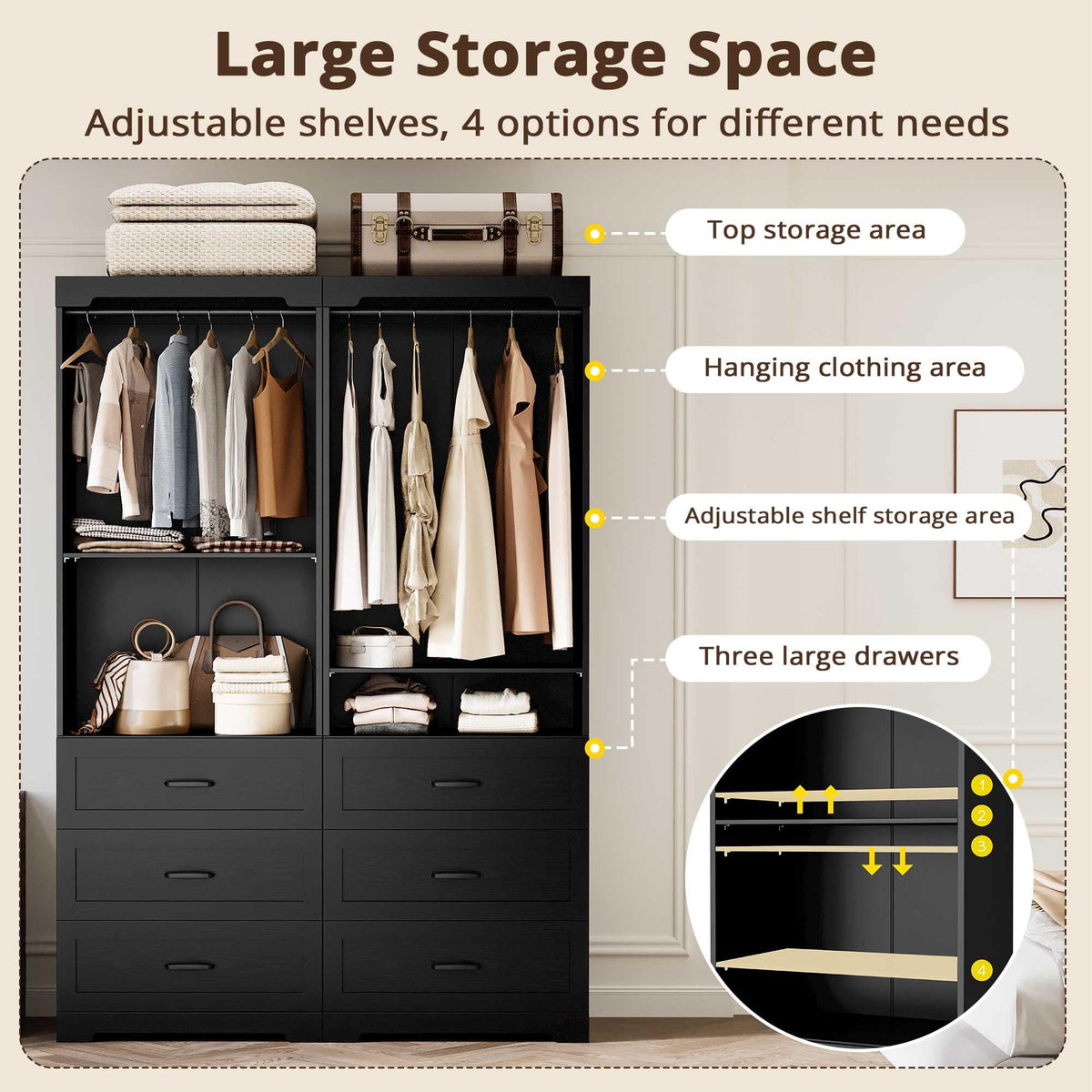 IRONCK Freestanding Closet System with Adjustable Shelves & 3 Drawers