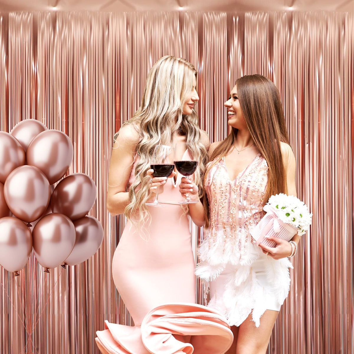 GOER 6.4 ft x 8.2 ft Metallic Tinsel Foil Fringe Curtains,Pack of 2 Party Streamer Backdrop for
