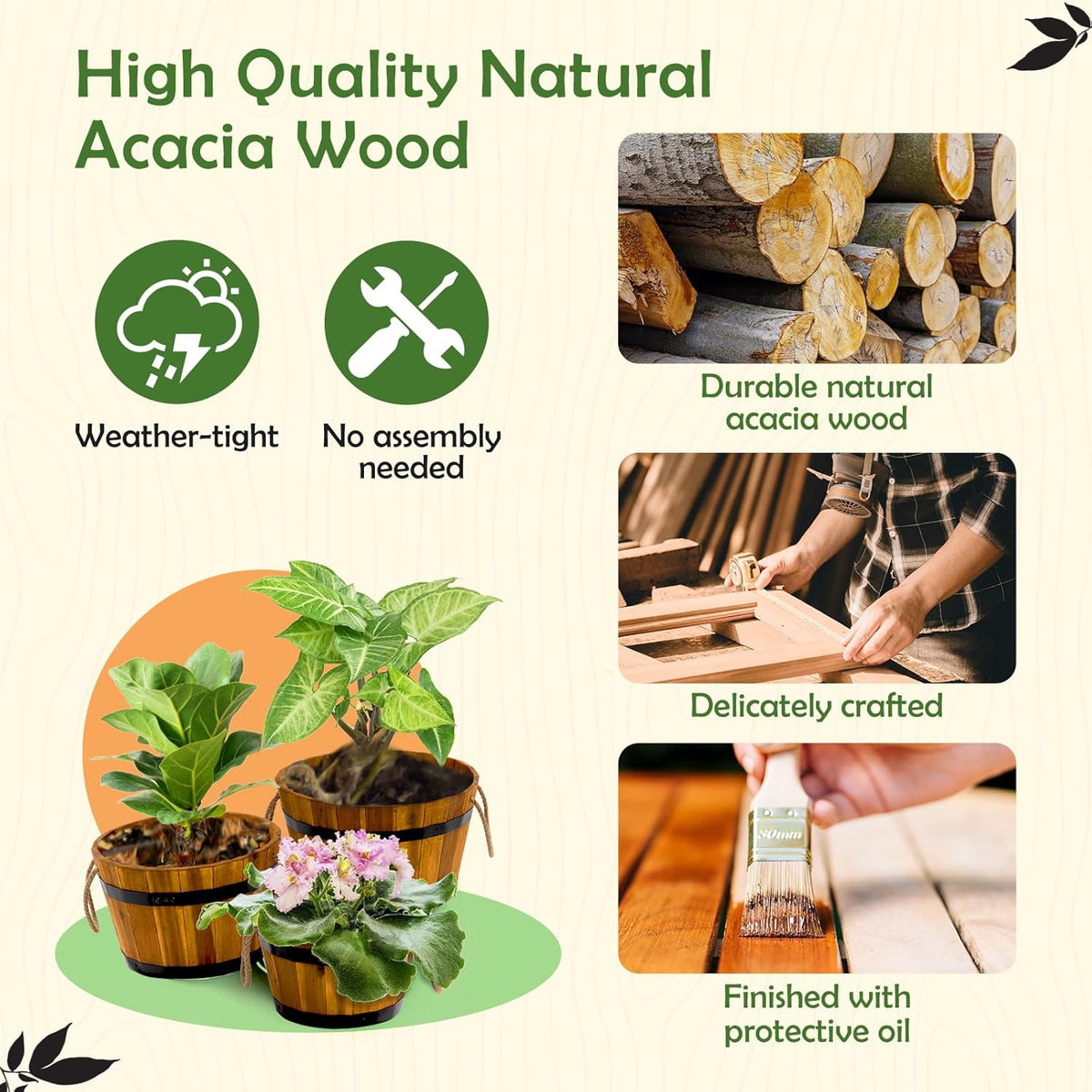 IDZO Set of 3 Wooden Flower Boxes Outdoor, Durable Acacia Wood Barrel Planters for Outdoor Plants