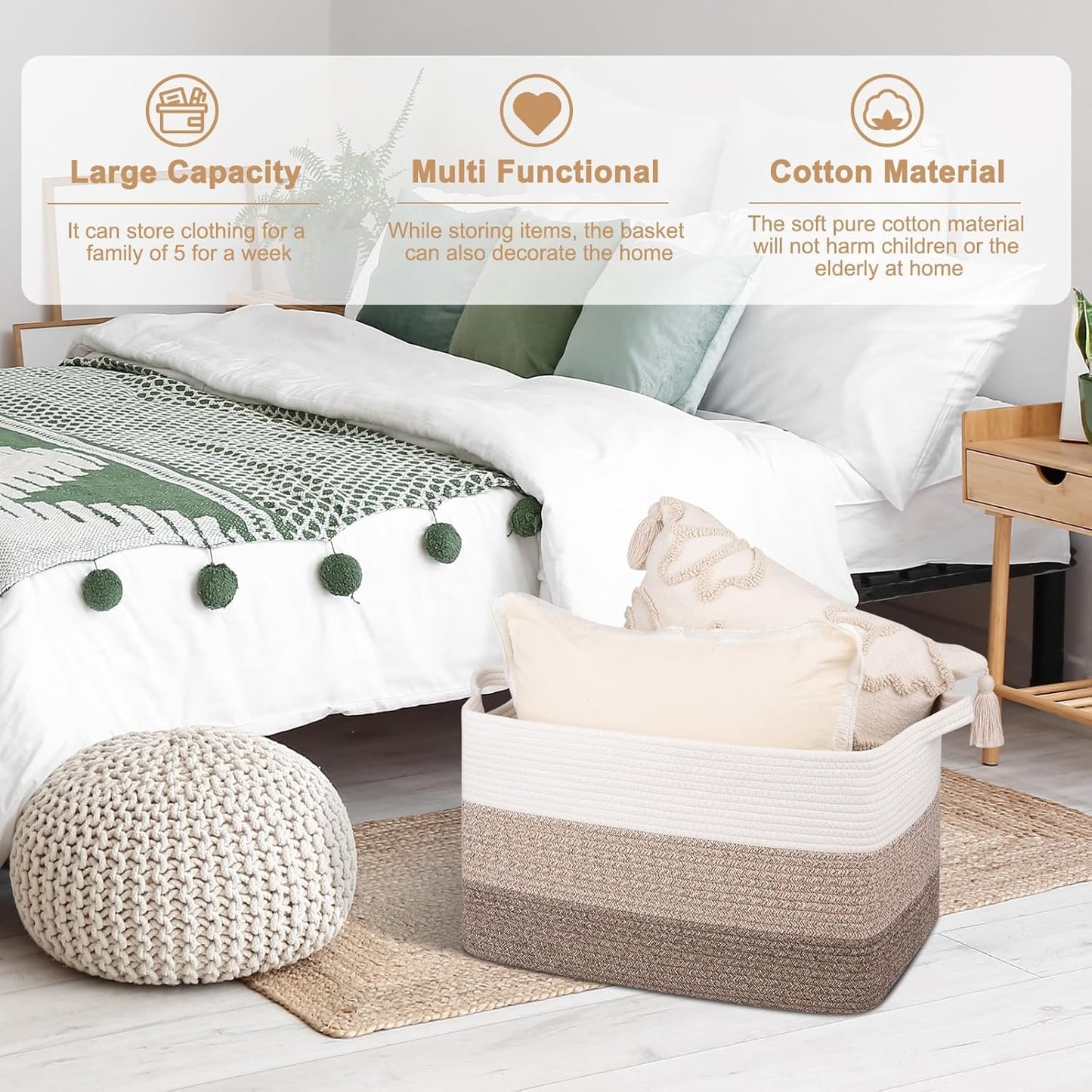 OIAHOMY Rectangle Woven Storage Basket - Nursery Cotton Rope Baskets for Storage, Toy Basket