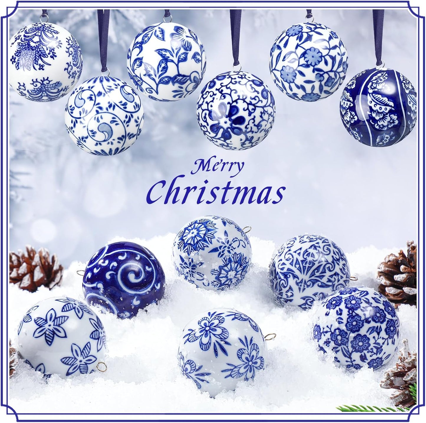 Cindeer 12 Pcs Blue and White Christmas Porcelain Balls 2.4 Inch Porcelain Chinoiserie Ornament