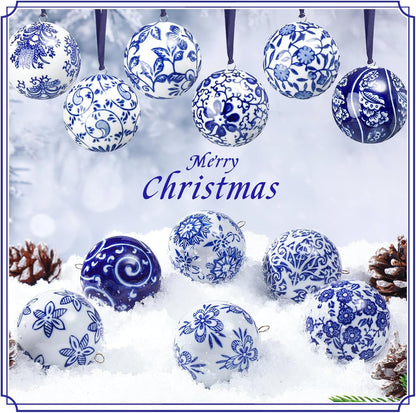 Cindeer 12 Pcs Blue and White Christmas Porcelain Balls 2.4 Inch Porcelain Chinoiserie Ornament