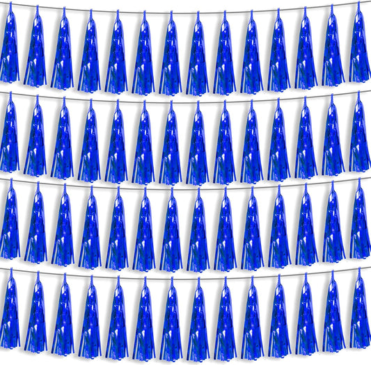 4P Blue Foil Fringe Metallic Tassel Streamers Banner Tassel Garland for Parade Floats