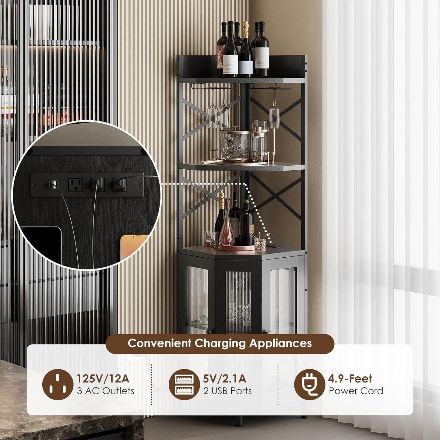 Corner Bar Cabinet with Power Outlet, 5-Tier Corner Wine Cabinet with Led Strip and Glass Holder