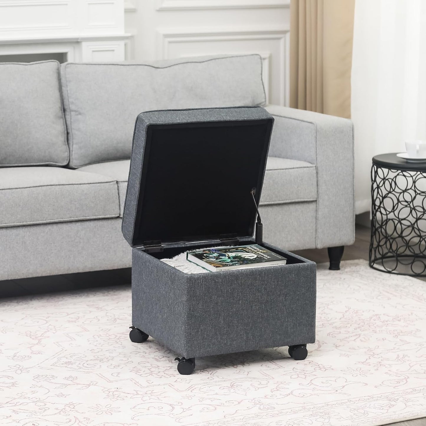 Adeco 17.5" Square Fabric Ottoman with Storage, Upholstered Cotton Linen Foot Rest, Flip Top
