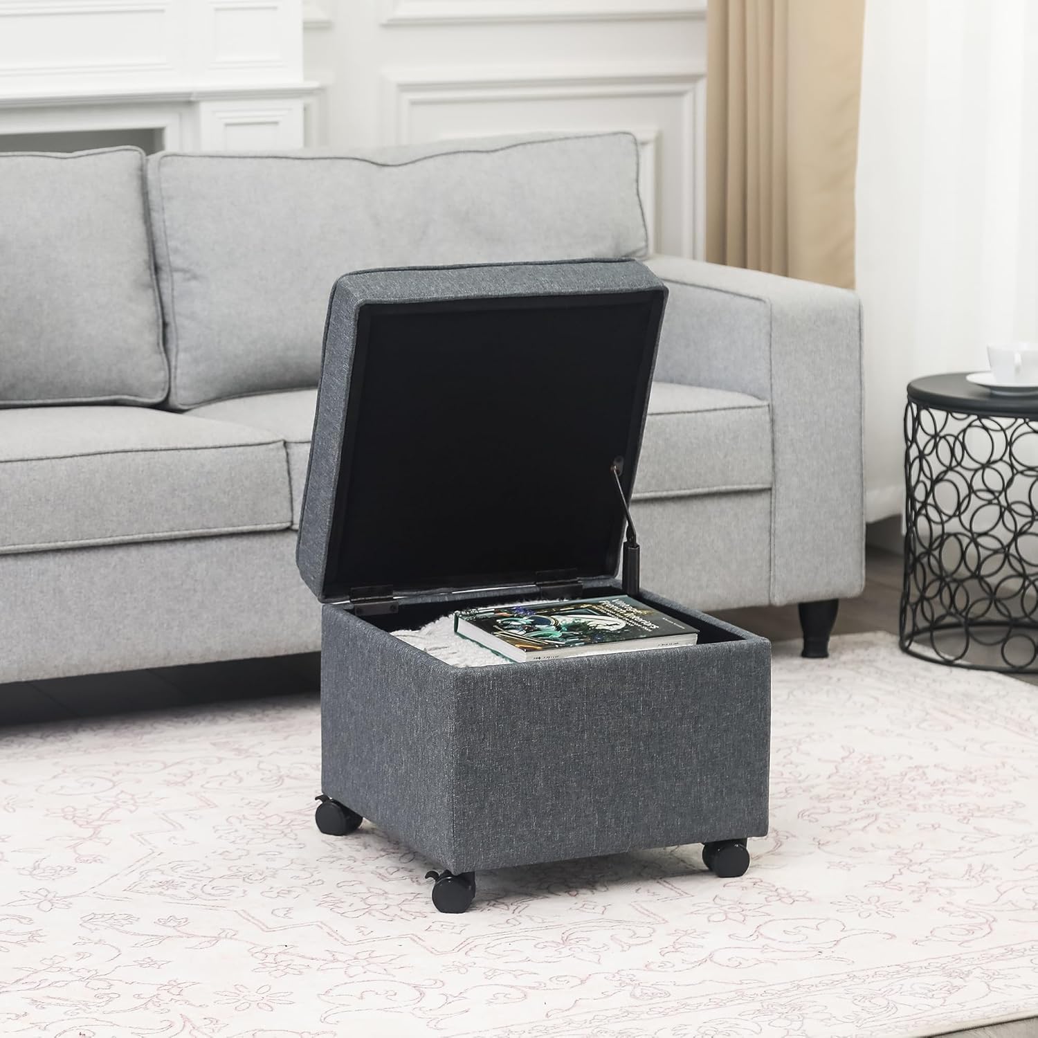 Adeco 17.5" Square Fabric Ottoman with Storage, Upholstered Cotton Linen Foot Rest, Flip Top