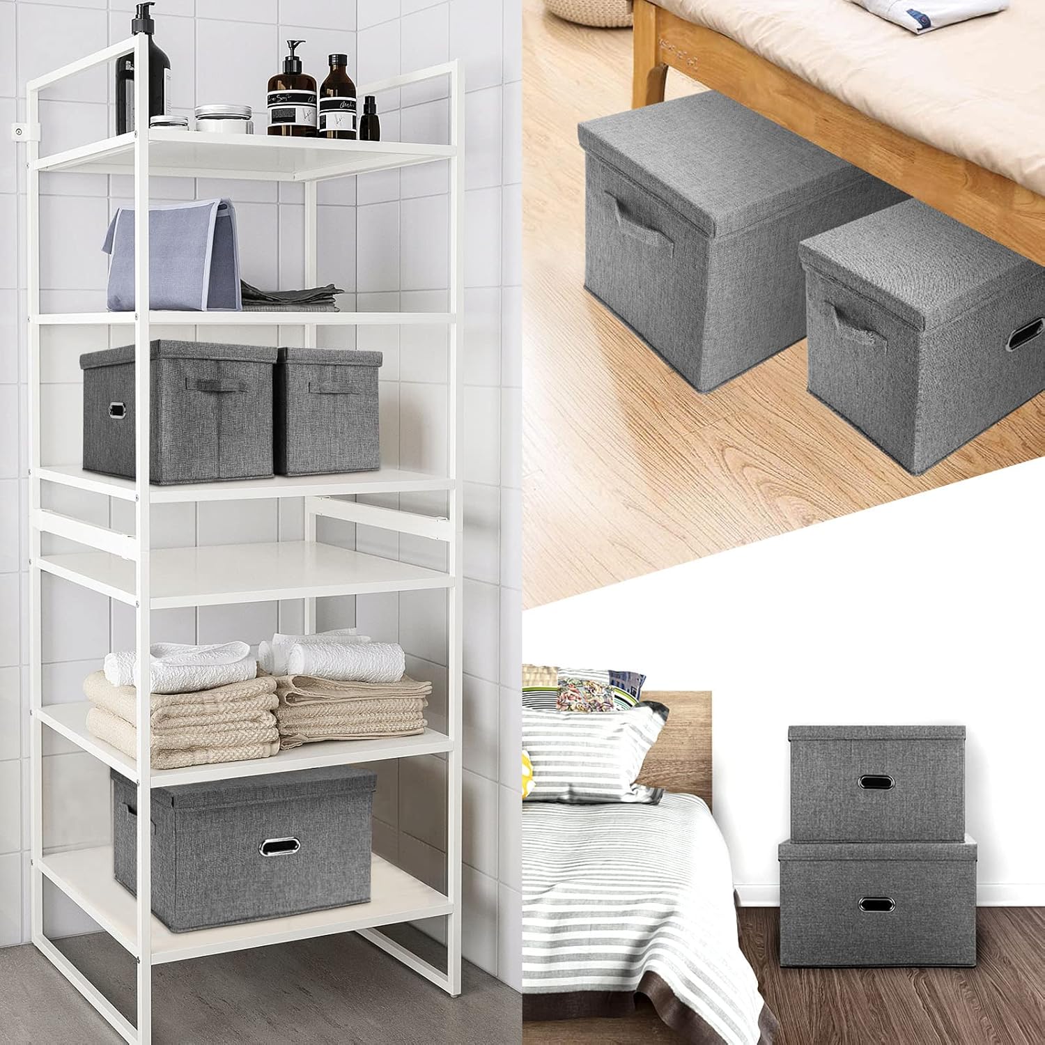 Large Linen Fabric Foldable Storage Bins with Removable Lid and Handles, Washable Storage Box