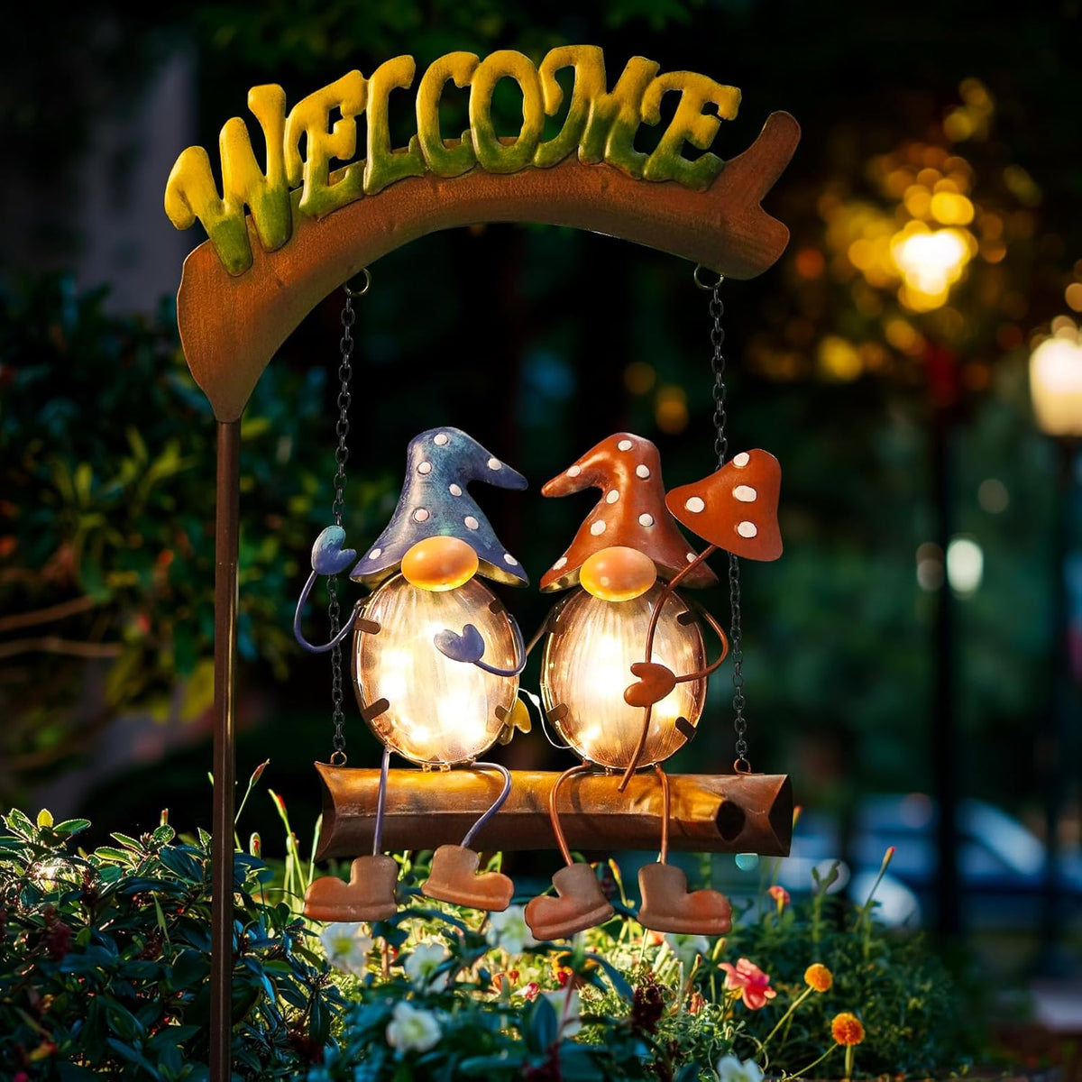HONGLAND Gnome Garden Decor with Solar Lights, Funny Gnomes Swing Outdoor Decor, Gardening Gifts