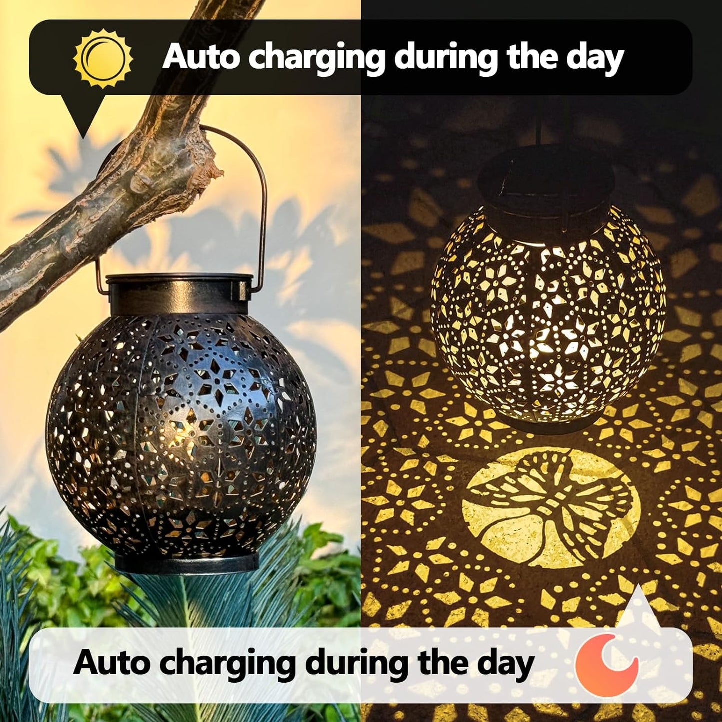 2 Pack Outdoor Solar Lantern Lights, Waterproof Tabletop LED Moroccan Lanterns, Hanging Metal