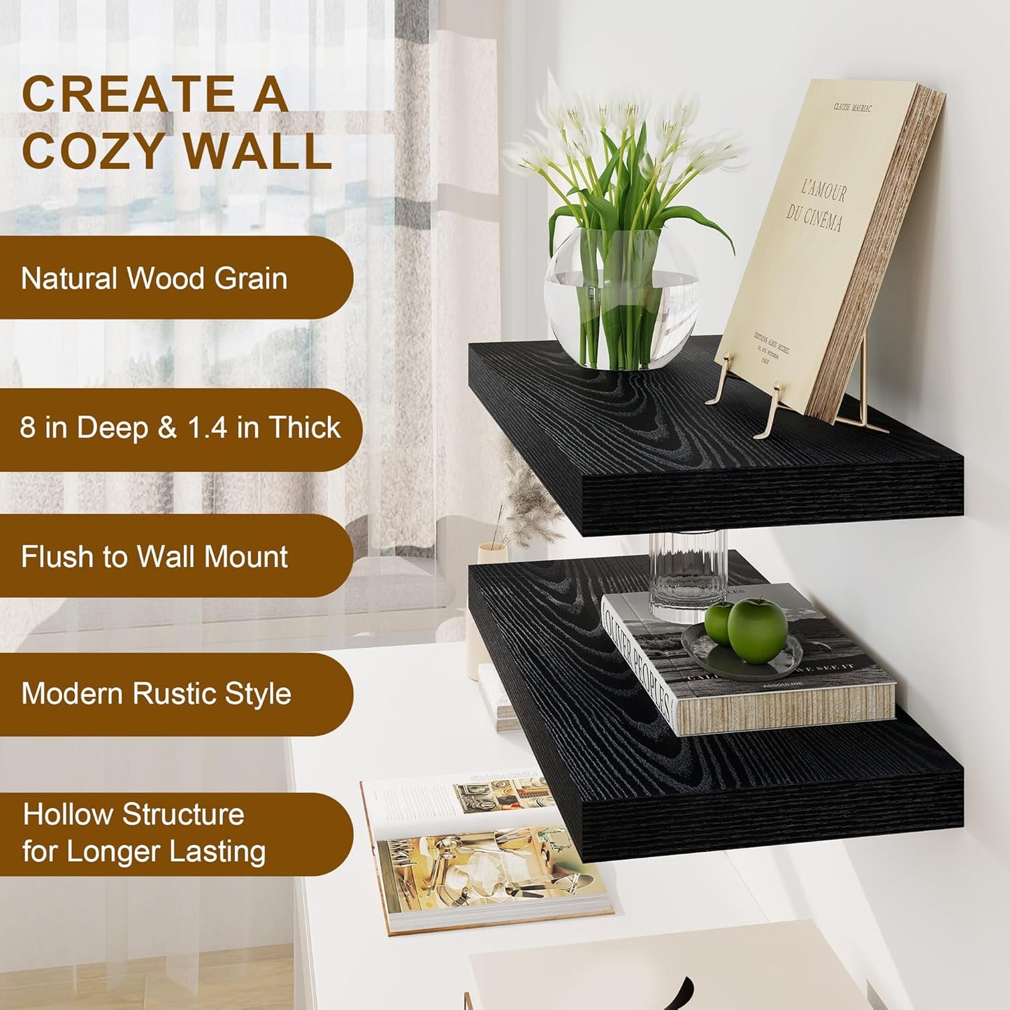 Fun Memories Black Floating Shelves 16 Inch Long, 8 Deep Floating Shelf Wall Mounted, 16 x 8 Inch