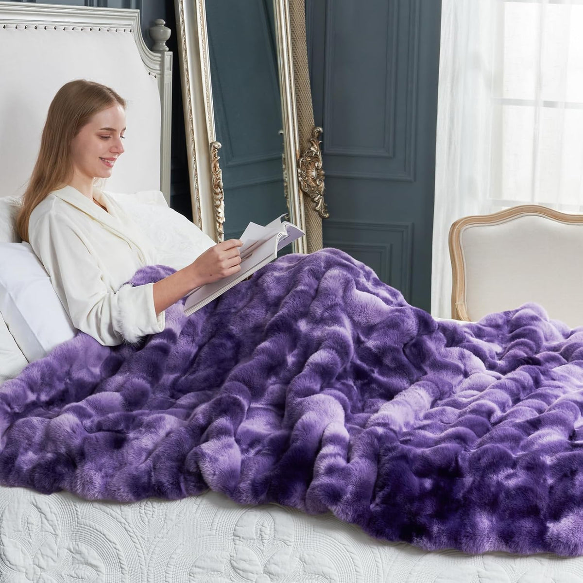 Cozy Bliss Faux Fur Throw Blanket for Couch, Fuzzy Soft Plush Thick Bubble Blanket for Sofa Bedroom
