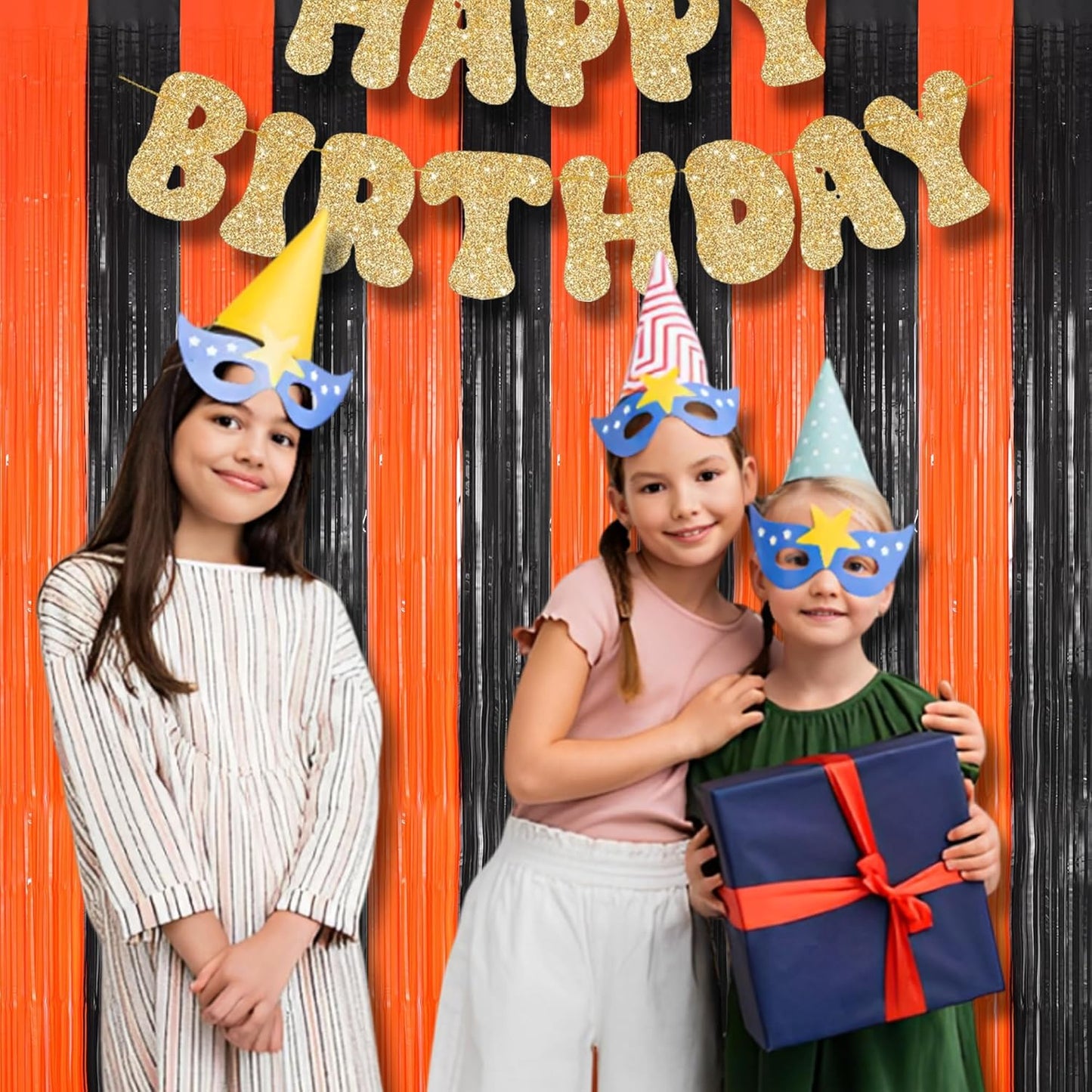 BRAVESHINE Tinsel Photo Backdrop Curtains - 2 Pack 3.2x8.2ft Black Orange Foil Fringe Streamer