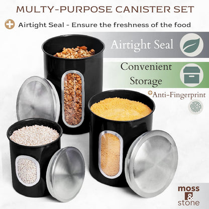 Moss & Stone 3-Piece Black Canisters Sets For The Kitchen, Airtight Canister Set With See Through