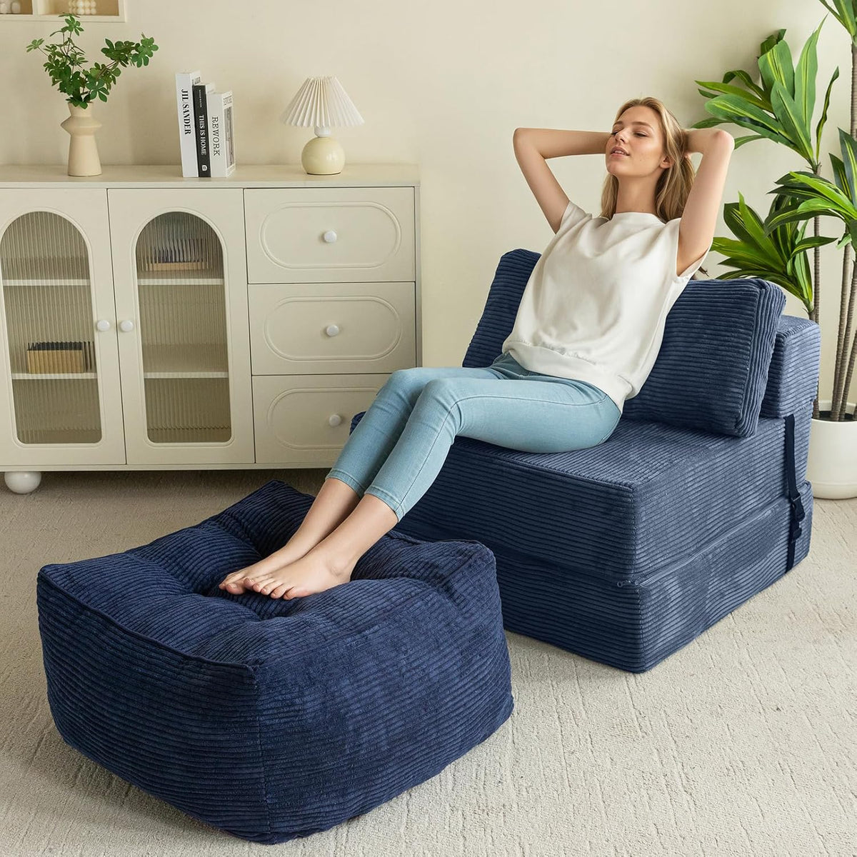 HIGOGOGO Square Stuffed Pouf Ottoman, Corduroy Poufs with Foam Chunk Filling, Furry and Fluffy Pouf