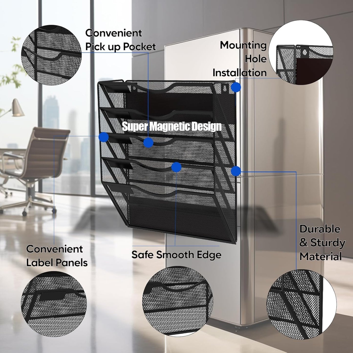 5-Tier Magnetic File Holder, No Drilling Installation File Cabinet Organizer, Black Magnetic File