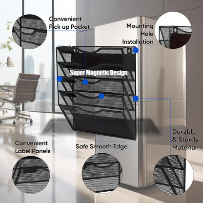 5-Tier Magnetic File Holder, No Drilling Installation File Cabinet Organizer, Black Magnetic File