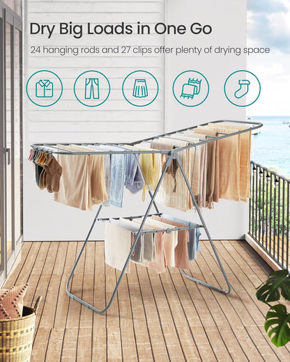 SONGMICS Clothes Drying Rack, with Sock Clips, Metal Laundry Rack, Foldable, Space-Saving