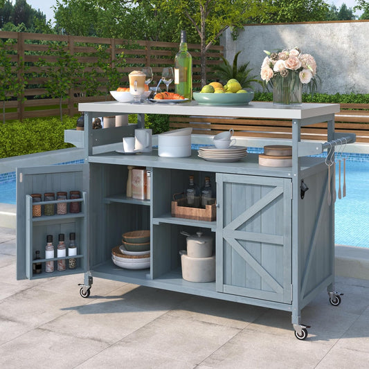 50.25" Outdoor Kitchen Island with Rolling Bar Cart & Storage Cabinet, Farmhouse Solid Wood Grill