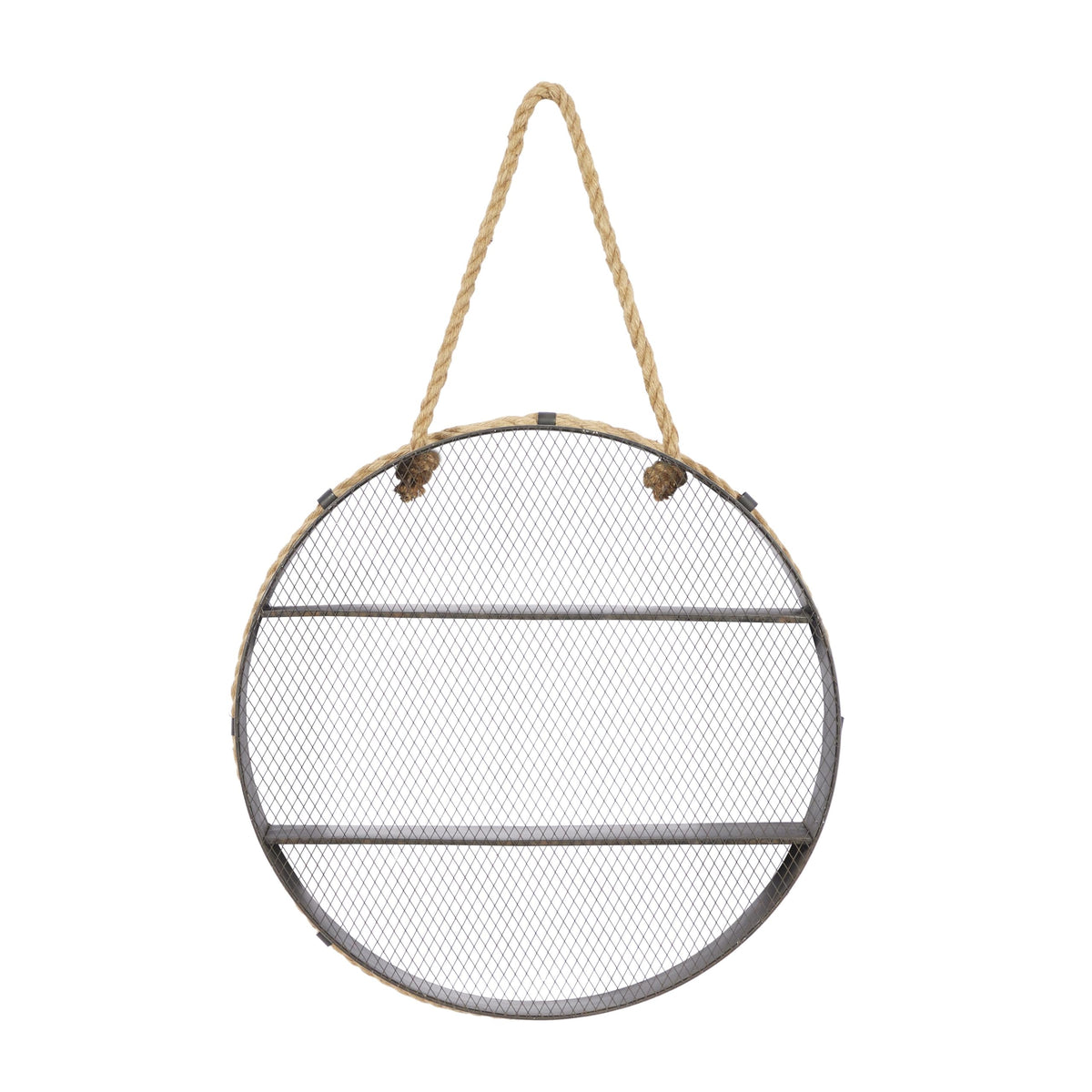 Deco 79 Metal Round 2 Shelves Wall Shelf with Hanging Rope, 24" x 6" x 24", Black