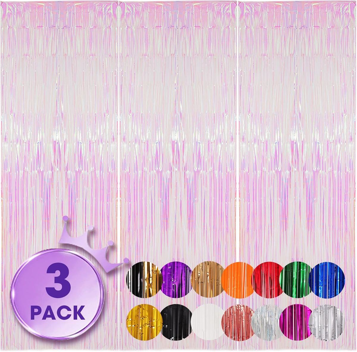 3 Pack 3.3x8.2 Feet Iridescent Transparent Foil Fringe Backdrop Curtains, Tinsel Streamers Birthday