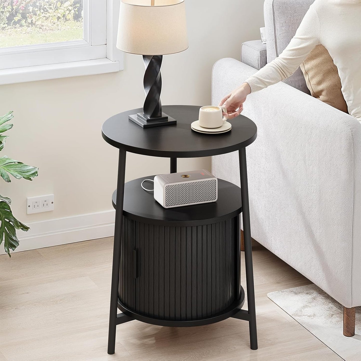 Round Side Table with Storage, Fluted Nightstand with Charging Station, Small Mid-Century Modern