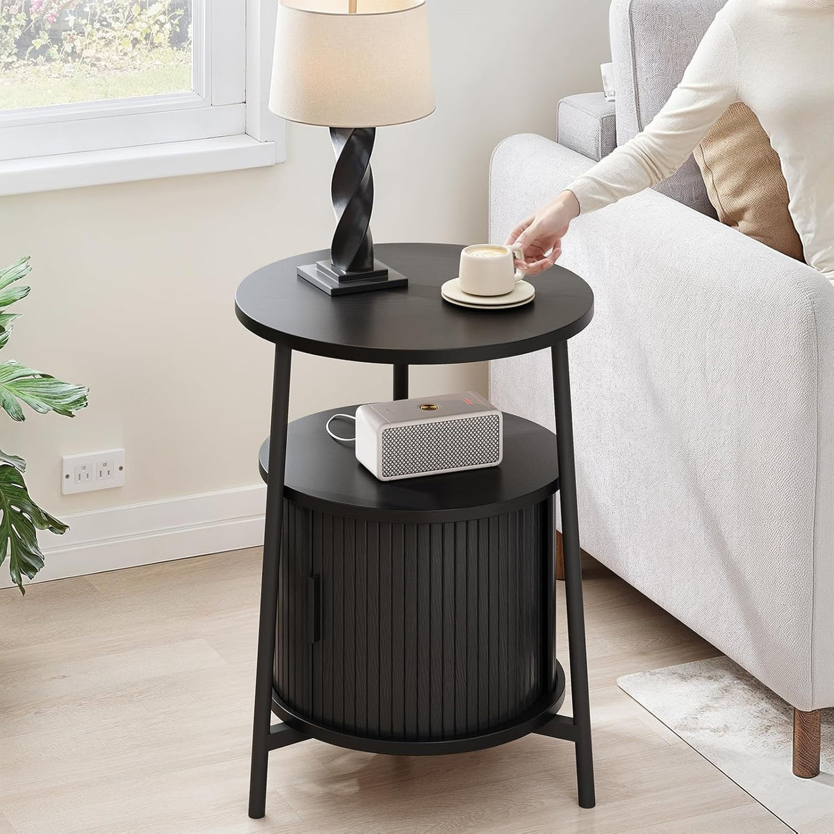Round Side Table with Storage, Fluted Nightstand with Charging Station, Small Mid-Century Modern