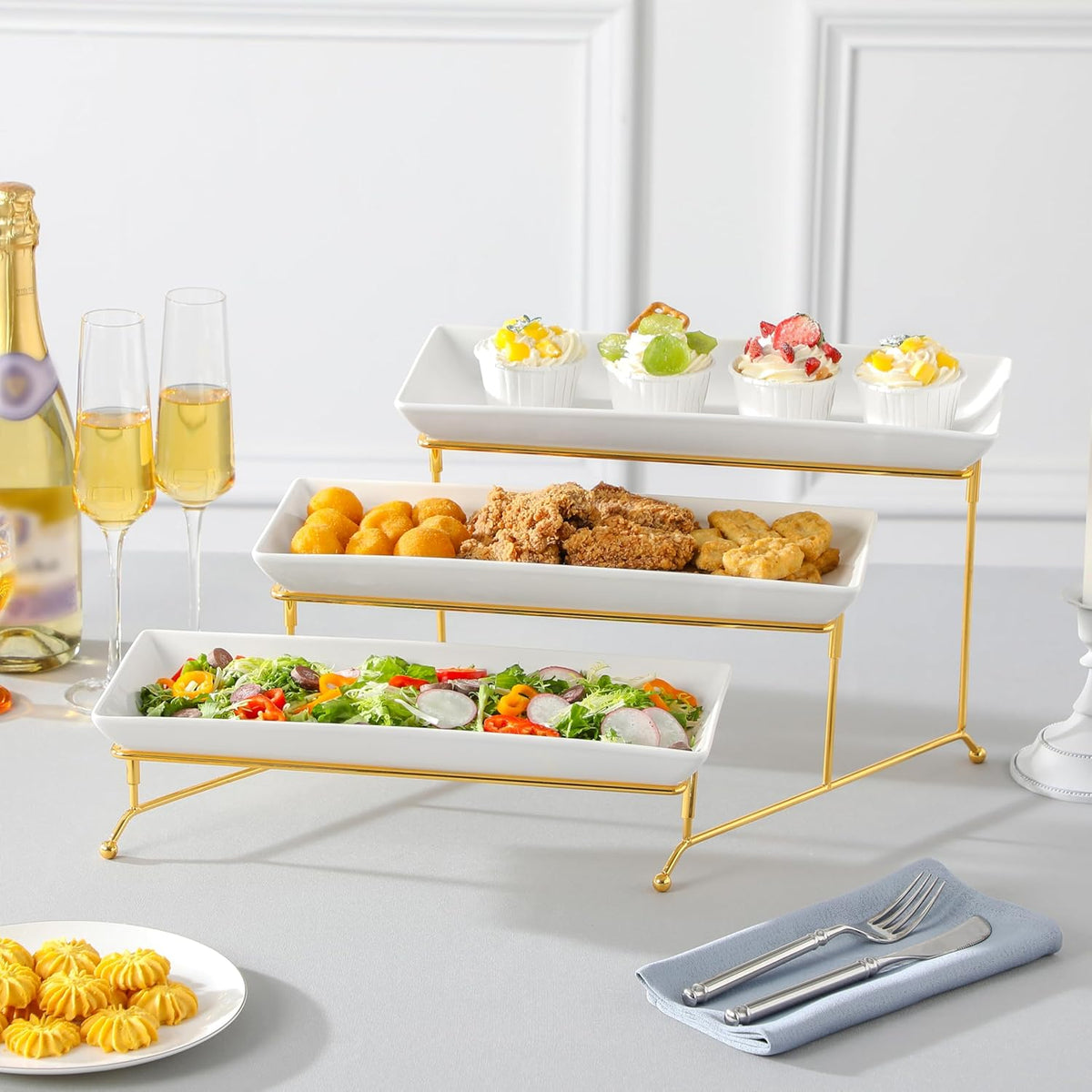 MALACASA 3 Tier Serving Trays for Party, 14 Inch Porcelain White Trays for Serving Food, Dessert