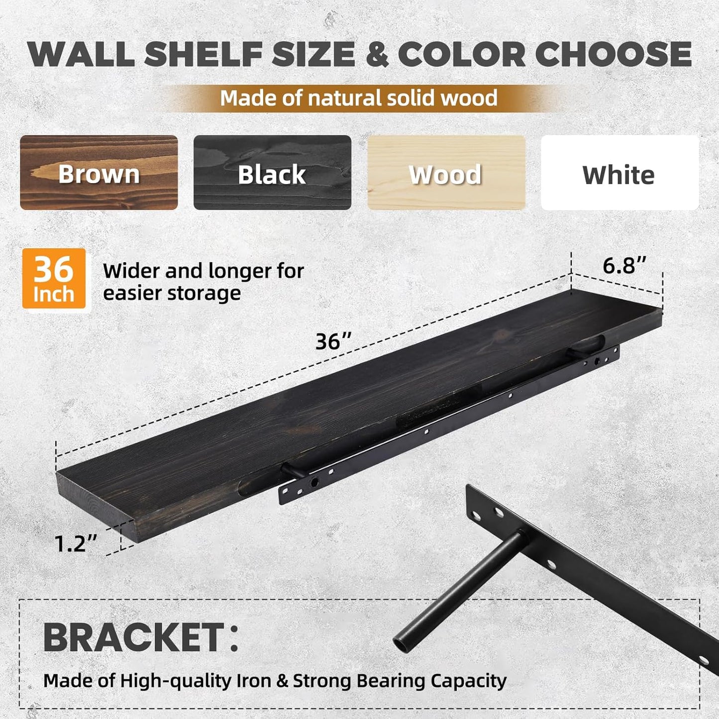 36"x6.8"x1.2" Solid Wood Floating Shelves 2-Pack - Rustic Black Finish with Hidden Brackets