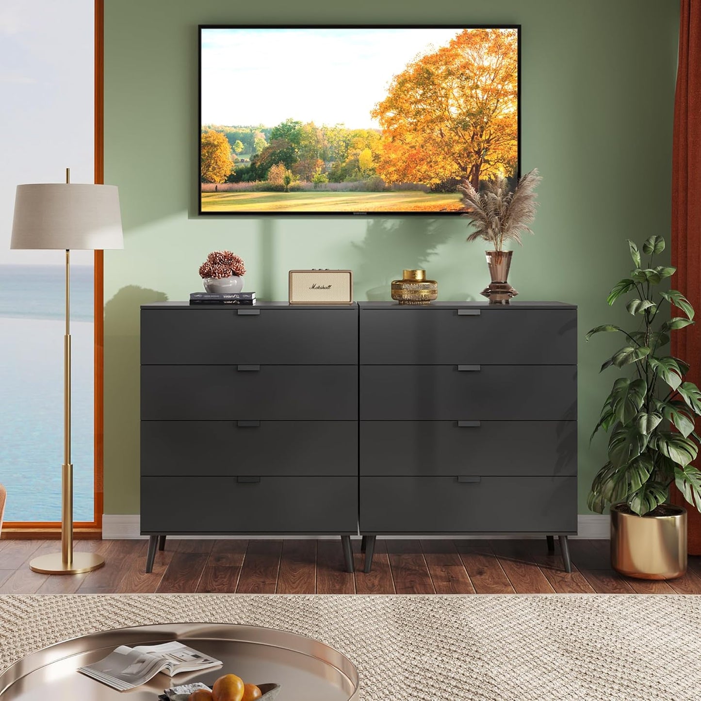 WLIVE 4 Drawer Dresser for Bedroom, Tall Wood Dresser, Modern Black Dressers with Sturdy Metal