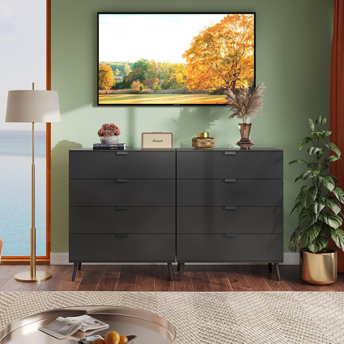 WLIVE 4 Drawer Dresser for Bedroom, Tall Wood Dresser, Modern Black Dressers with Sturdy Metal
