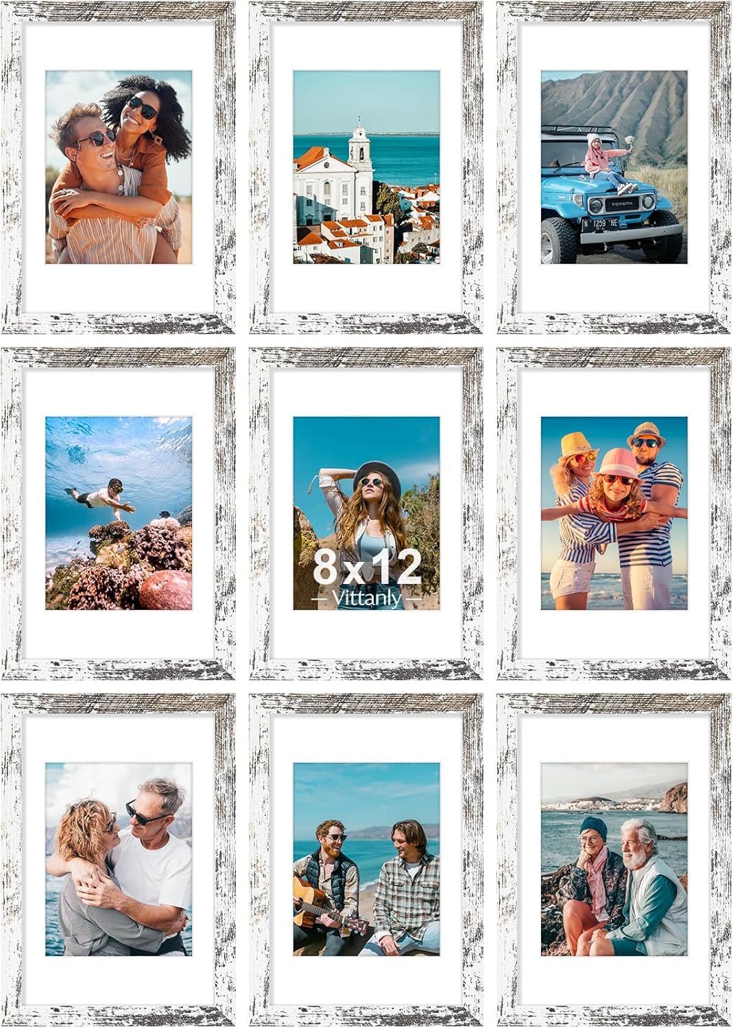 Vittanly 8x12 Picture Frames Set of 9, Shatter Resistant Plexiglass, Display 6x8 Pictures with Mat