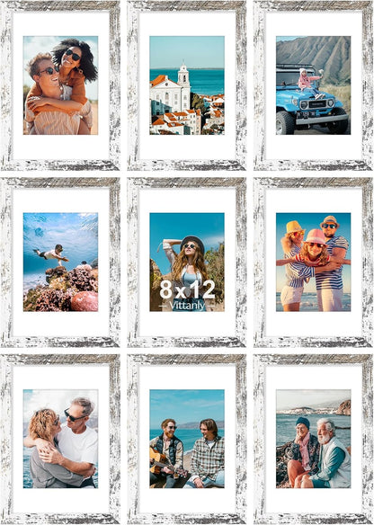 Vittanly 8x12 Picture Frames Set of 9, Shatter Resistant Plexiglass, Display 6x8 Pictures with Mat