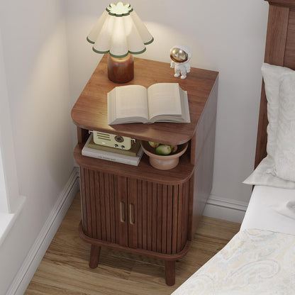Alohappy Mid Century Modern End Table with Sliding Tambour Door, Fluted Wood Nightstand, Curved