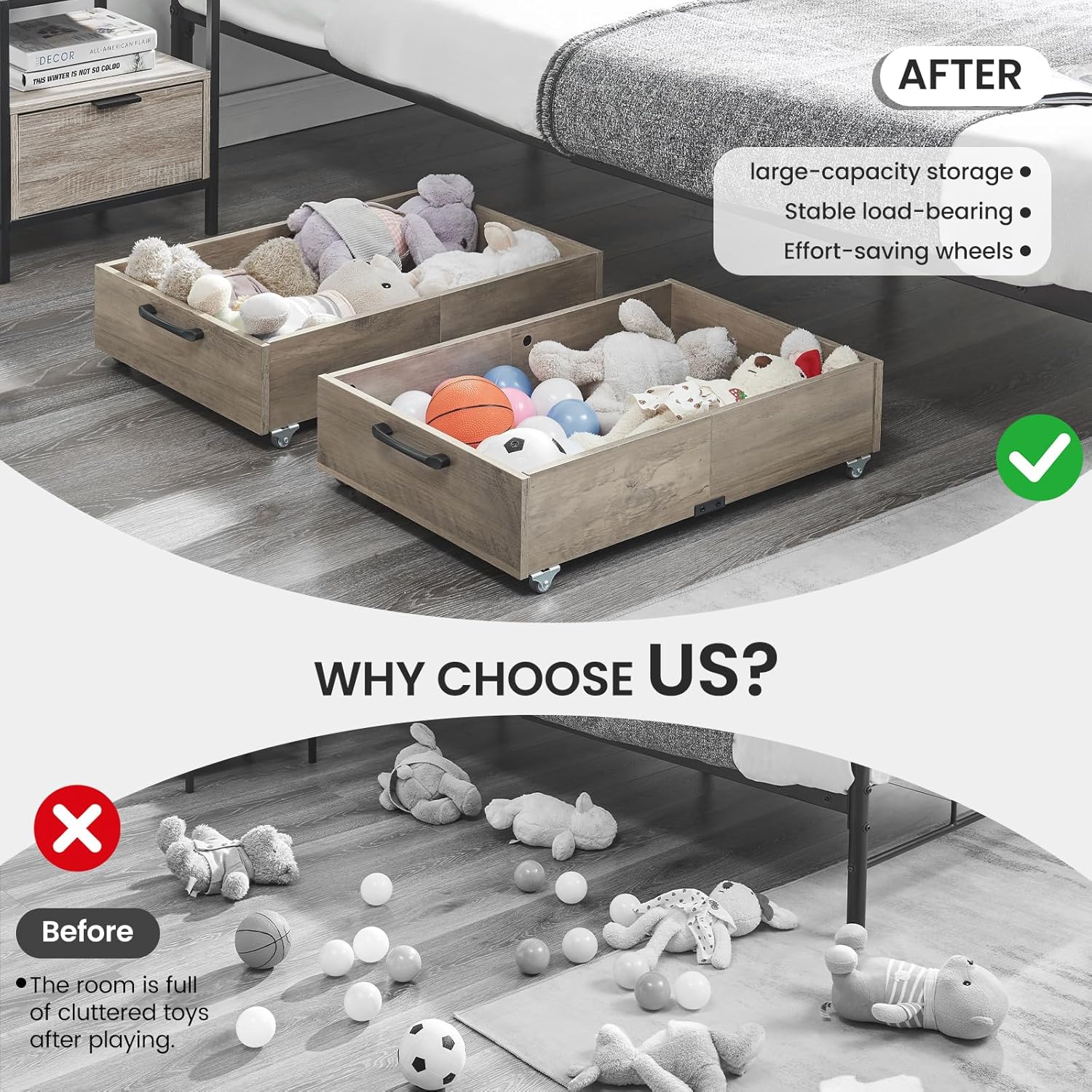 Under Bed Storage with Wheels, 2-Pack Under Bed Shoe Storage Organizer Drawer, Composite Wood