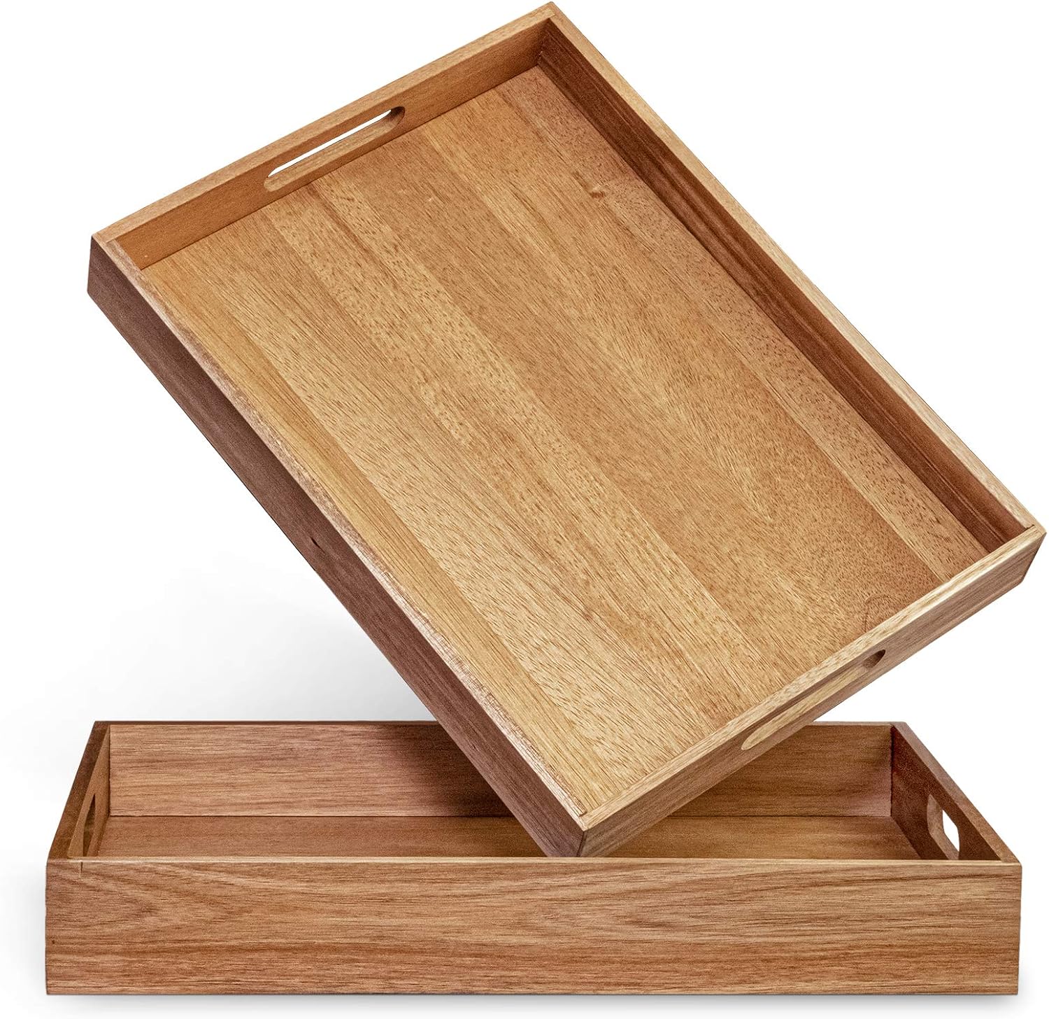 Acacia Wood Serving Tray with Handles Set of 2 – Decorative Serving Trays Platter for Breakfast in