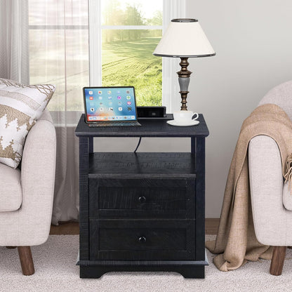 HIFYOBRO End Table with 2 Drawers and Charging Station, Type-C & USB Port & Power outlets, Wooden