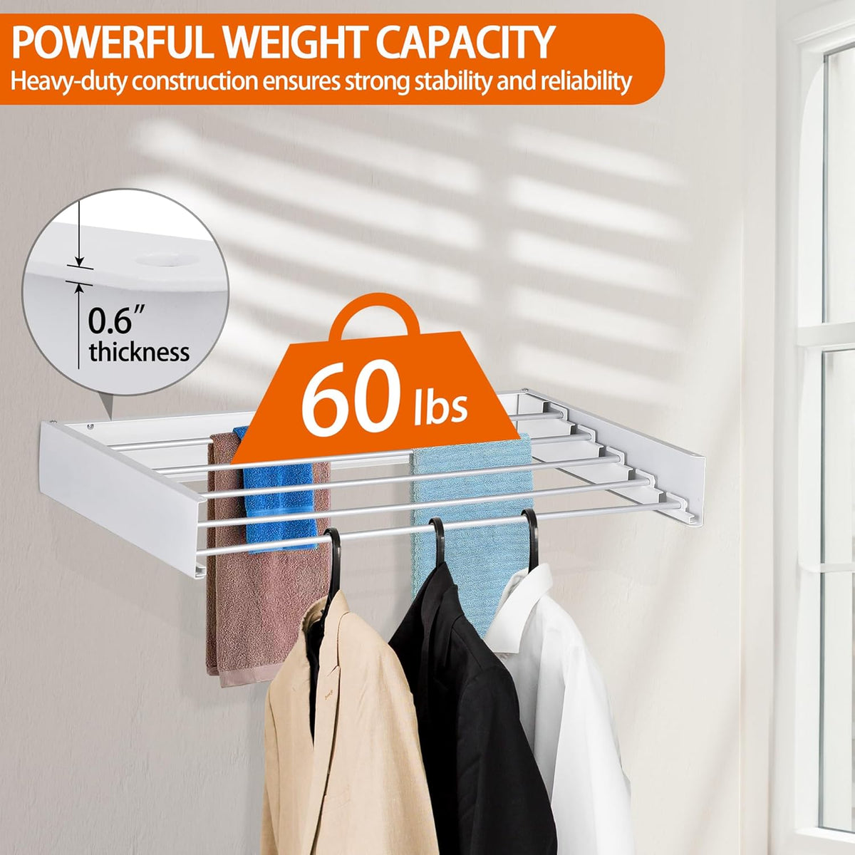 FOCHIER F Laundry Drying Rack Wall Mounted Clothes Drying Rack Collapsible with 4 Aluminum Rods and