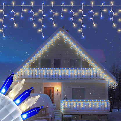 200ct Blue&Clear Mini Icicle Christmas Lights, 23FT White Wire Incandescent Bulb String Lights