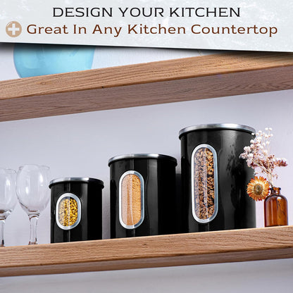 Moss & Stone 3-Piece Black Canisters Sets For The Kitchen, Airtight Canister Set With See Through