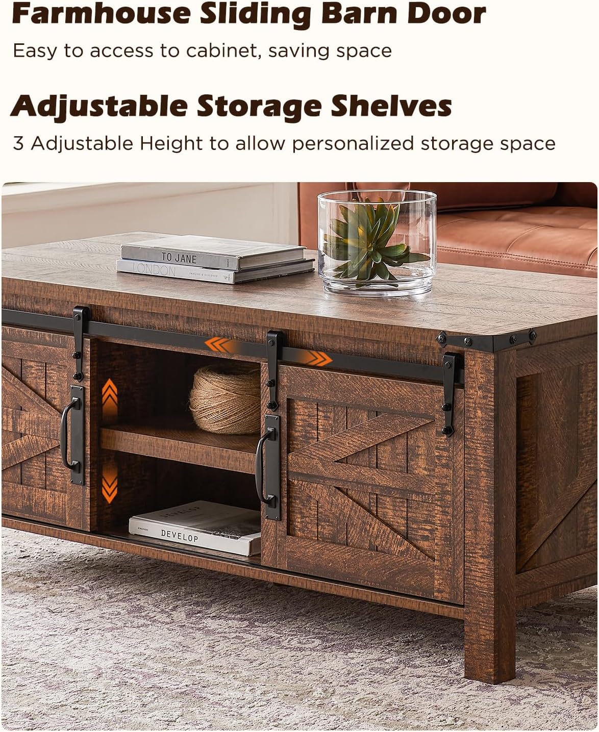 OKD 48" Farmhouse Lift Top Coffee Table with Sliding Barn Door,Rustic Center Table with Hidden