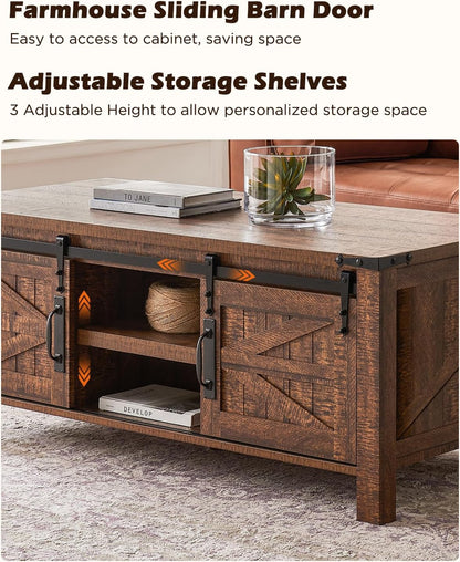 OKD 48" Farmhouse Lift Top Coffee Table with Sliding Barn Door,Rustic Center Table with Hidden