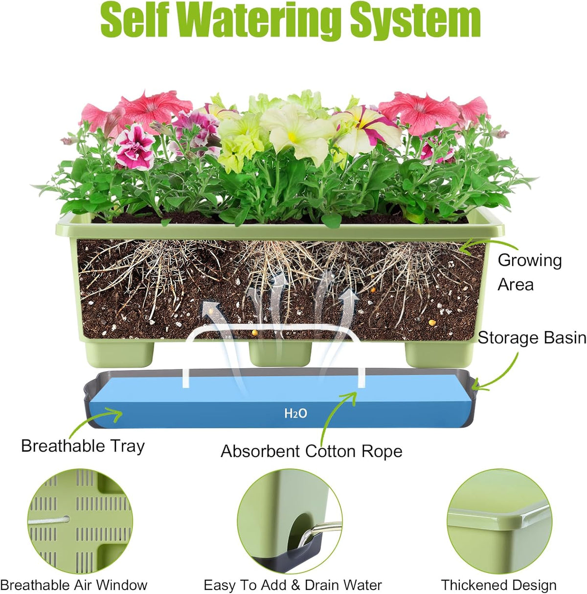 Window Box Planter 8 Pcs, 17 Inches Rectangle Flower Pots with Drainage Holes and Trays, Vegetable