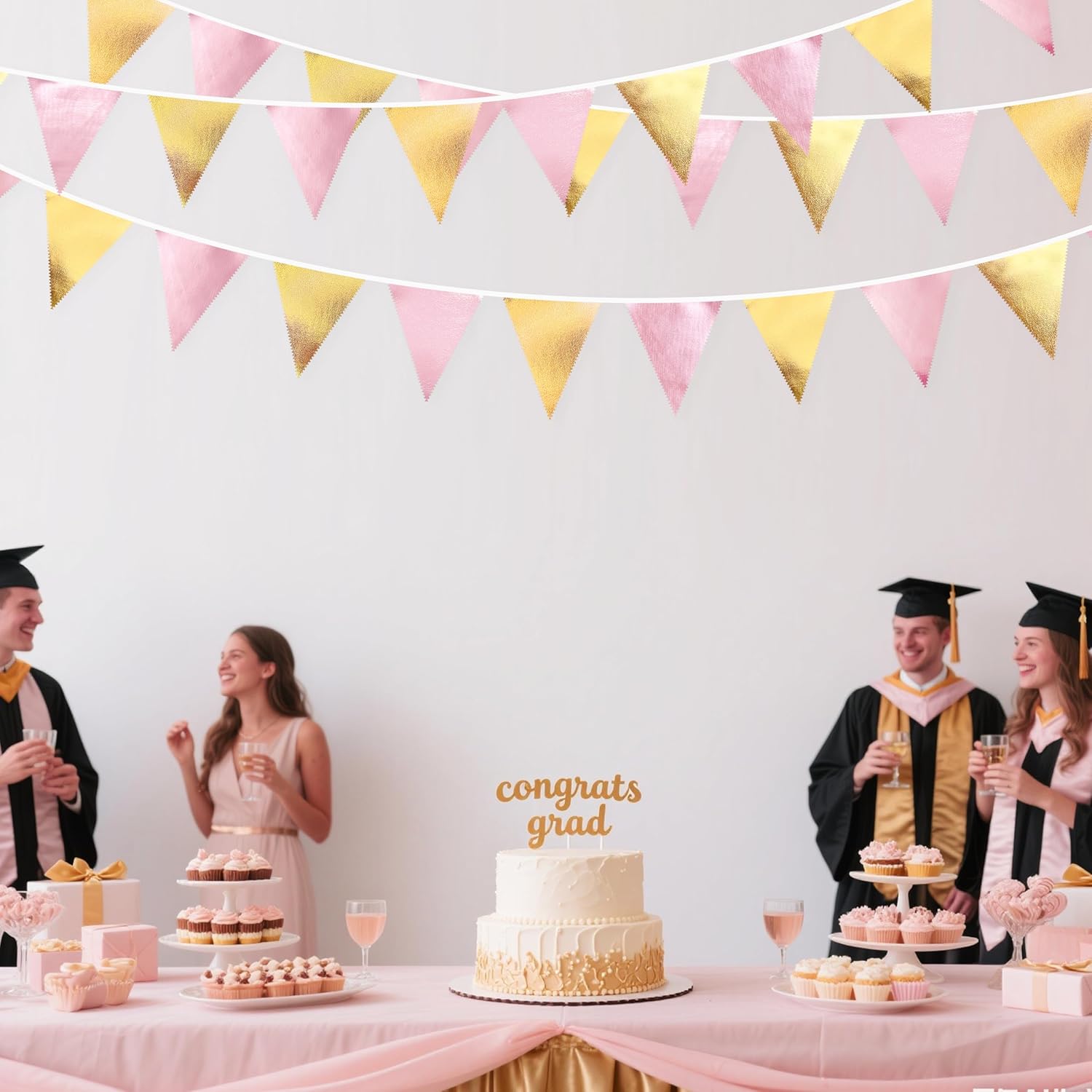 Pink Gold Party Decoration Metallic Fabric Light Pink Gold Triangle Pennant Banner Flag Bunting