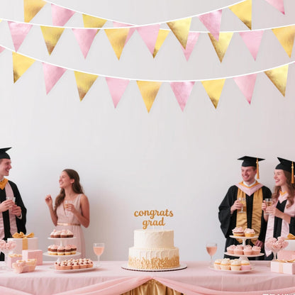 Pink Gold Party Decoration Metallic Fabric Light Pink Gold Triangle Pennant Banner Flag Bunting