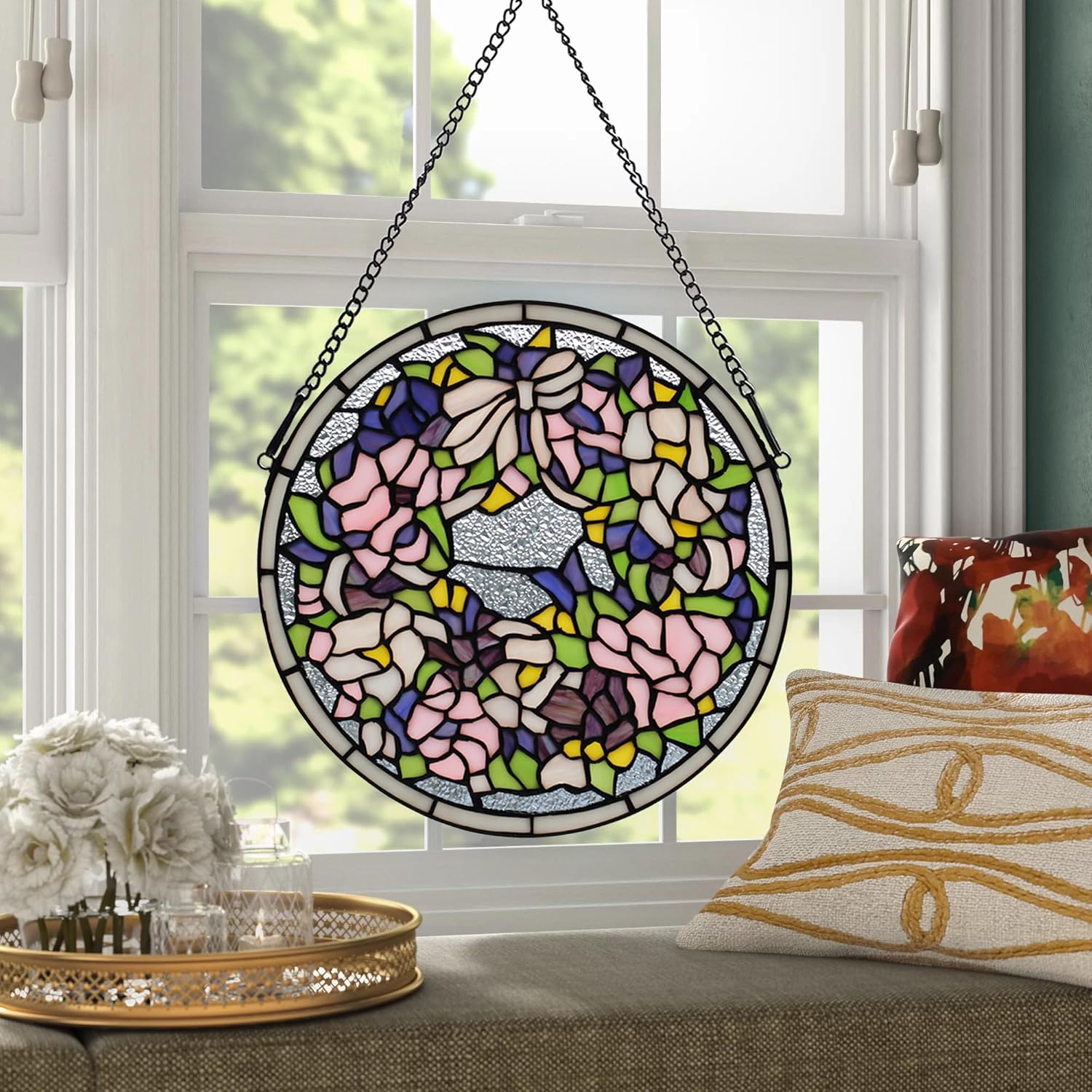 Handcrafted Stained Glass Window Panel - 12-Inch Round Floral Design with Vibrant Colors, Elegant
