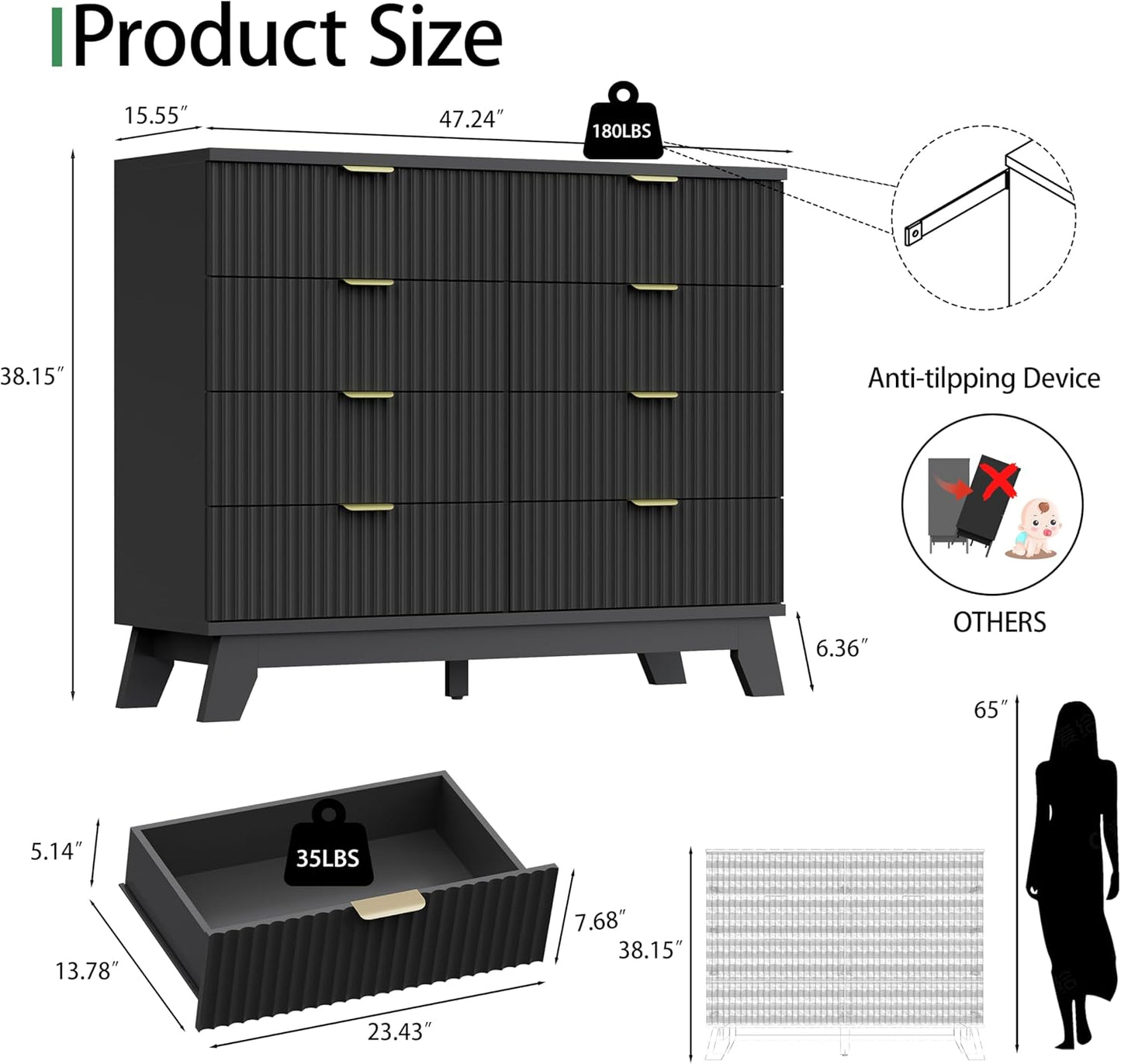 Fluted Dresser for Bedroom with 8 Drawers, 48" Wide Modern Chest of Drawers with Metal Handle